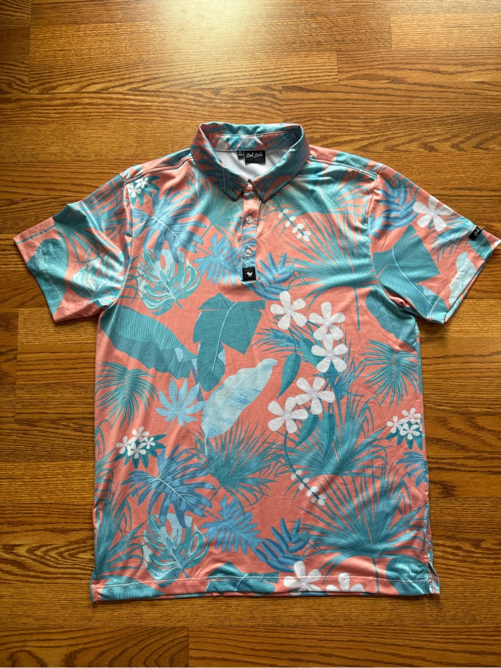 Bad BirdieMen's Tropical Print Polo Shirt - Coral & Teal - Medium